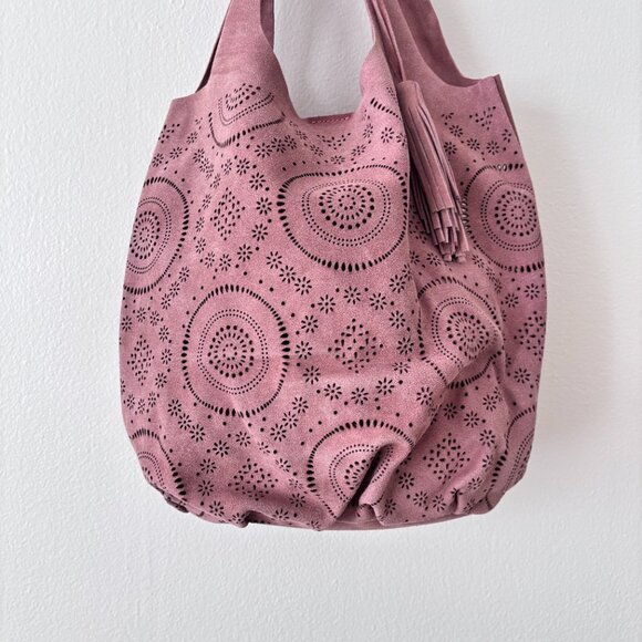 Sundance Delight Laser-Cut Suede Boho Tote Bag in Dusty Pink - Picture 3 of 10